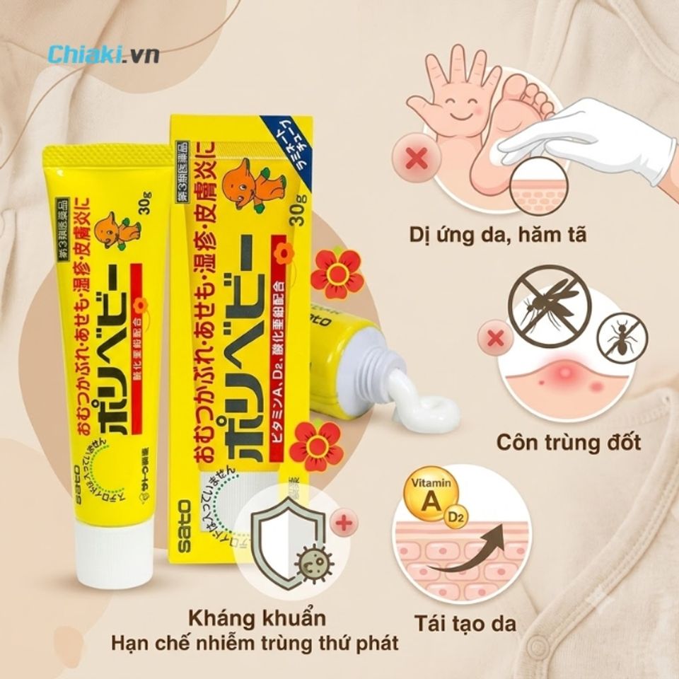Kem b&ocirc;i c&ocirc;n tr&ugrave;ng cắn cho b&eacute; Sato Polybaby Nhật Bản l&agrave;m dịu v&agrave; bảo vệ bề mặt da, giảm sưng vi&ecirc;m