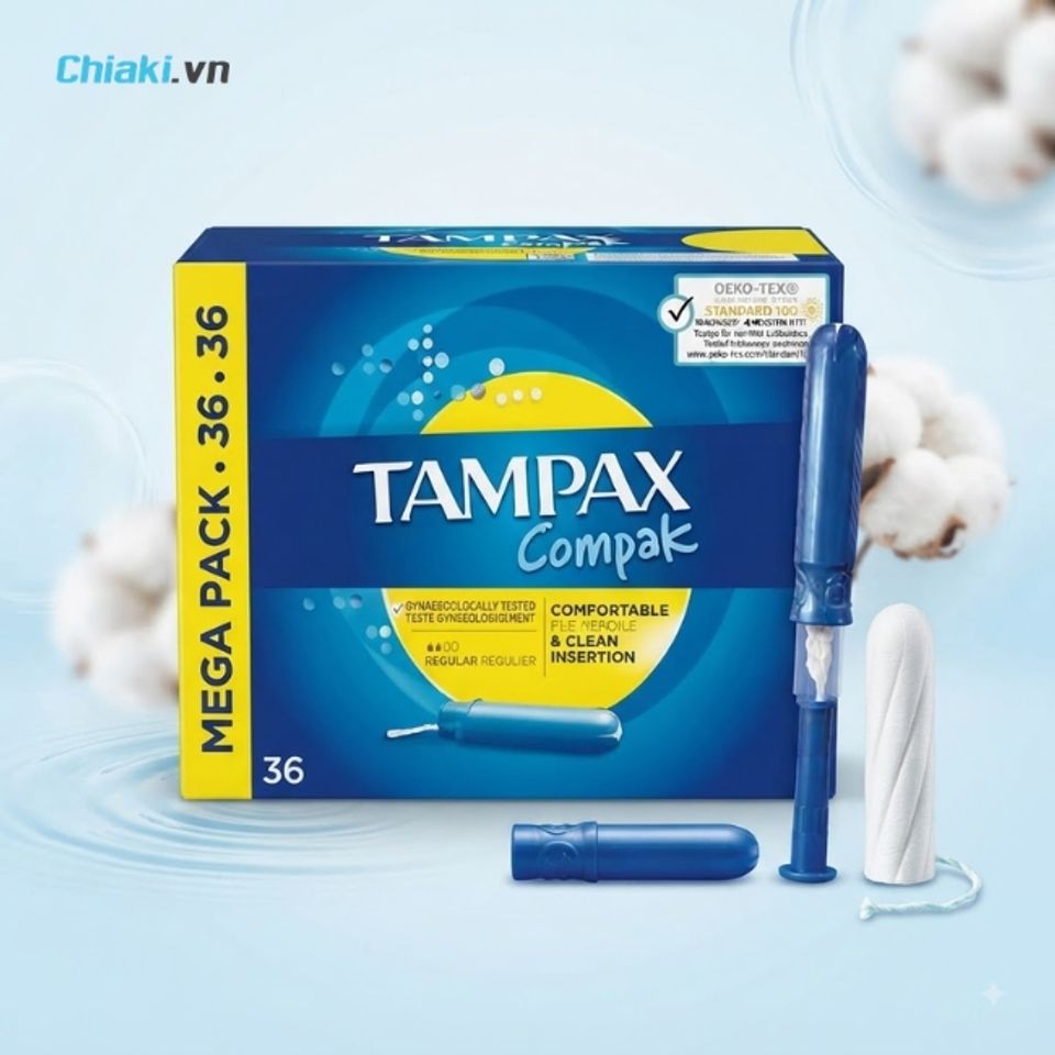 Tampon Ph&aacute;p Tampax Compak tinh khiết t&iacute;ch hợp chống tr&agrave;n giữ lại chất lỏng dự ph&ograve;ng trước khi c&oacute; nguy cơ r&ograve; rỉ ra ngo&agrave;i