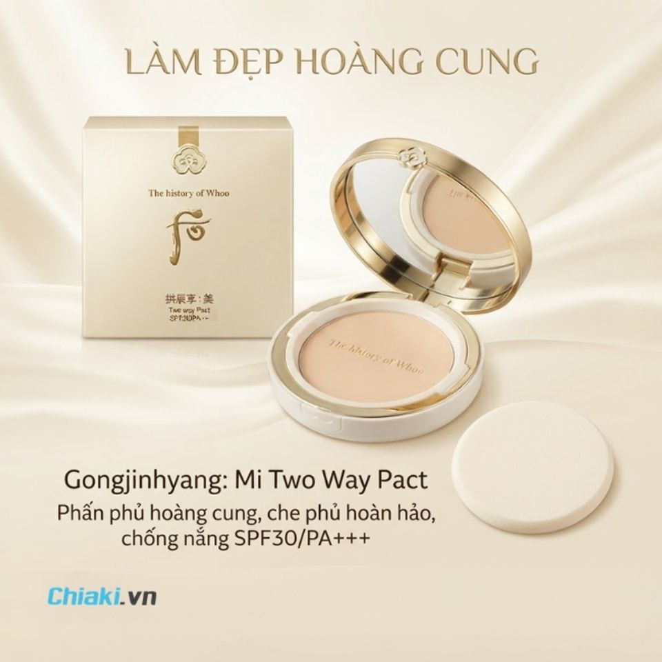 Phấn chống nắng Whoo Gongjinhyang Mi Luxury Two Way Pact SPF30/PA++ che phủ kh&aacute;, hỗ trợ l&agrave;m mờ khuyết điểm