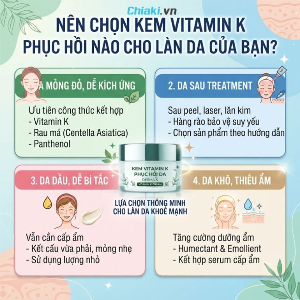 Lựa chọn kem Vitamin K phục hồi ph&ugrave; hợp với t&igrave;nh trạng da của bạn