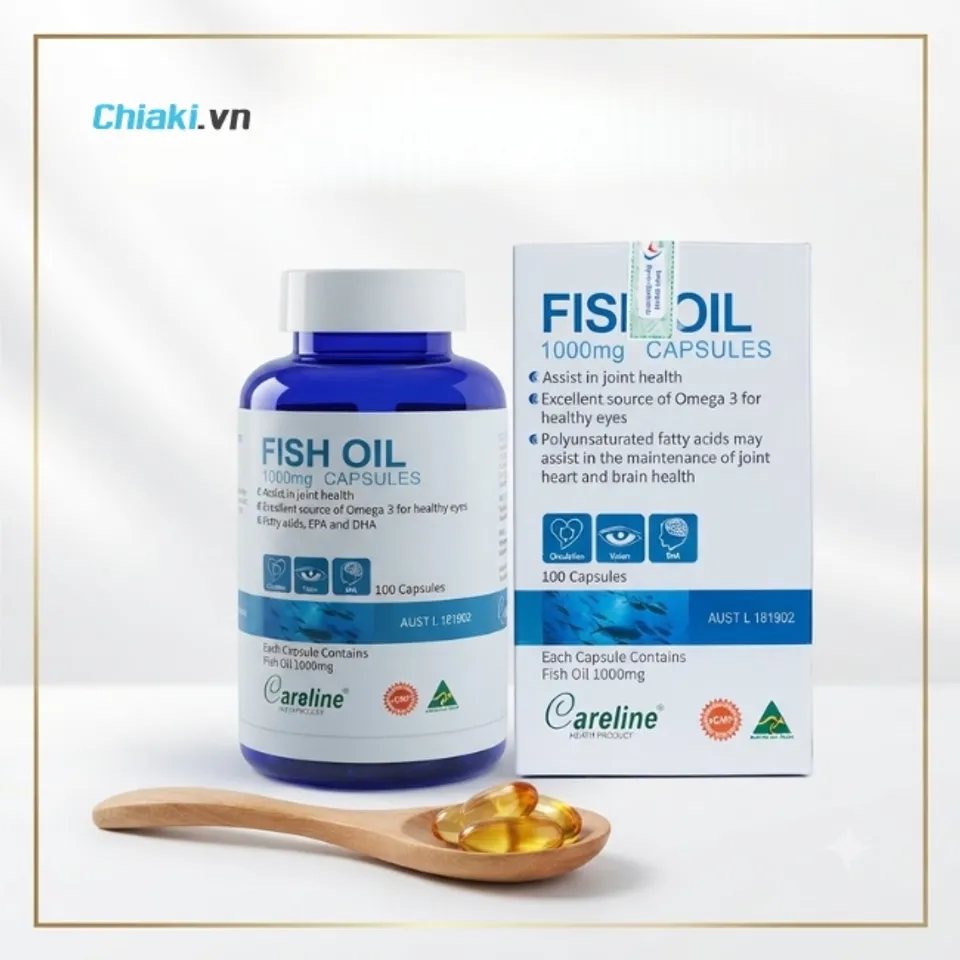 Dầu c&aacute; hồi omega 3 của &Uacute;c Careline Fish Oil 1000mg cải thiện t&igrave;nh trạng mỏi mắt, kh&ocirc; mắt v&agrave; bảo vệ thị lực
