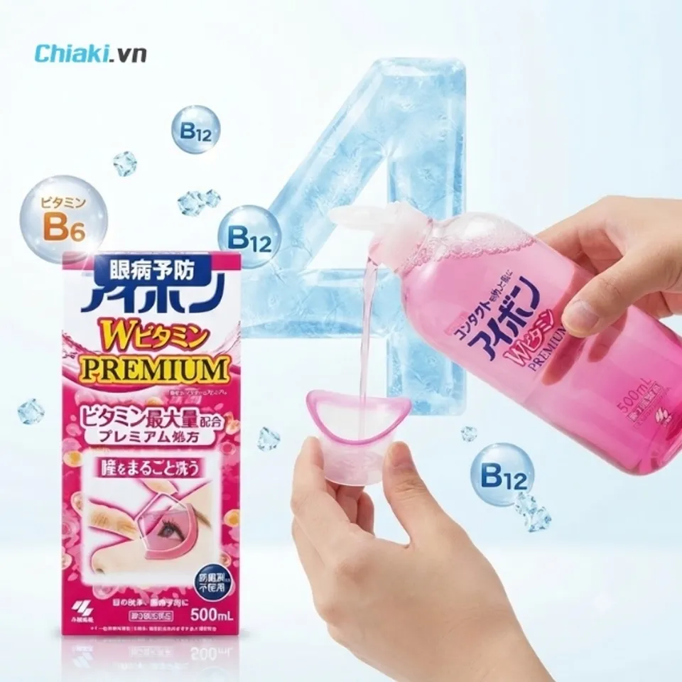 Nước rửa mắt Eyebon Vitamin Kobayashi m&agrave;u hồng nu&ocirc;i dưỡng tế b&agrave;o gi&aacute;c mạc, phục hồi năng lượng cho đ&ocirc;i mắt mệt mỏi