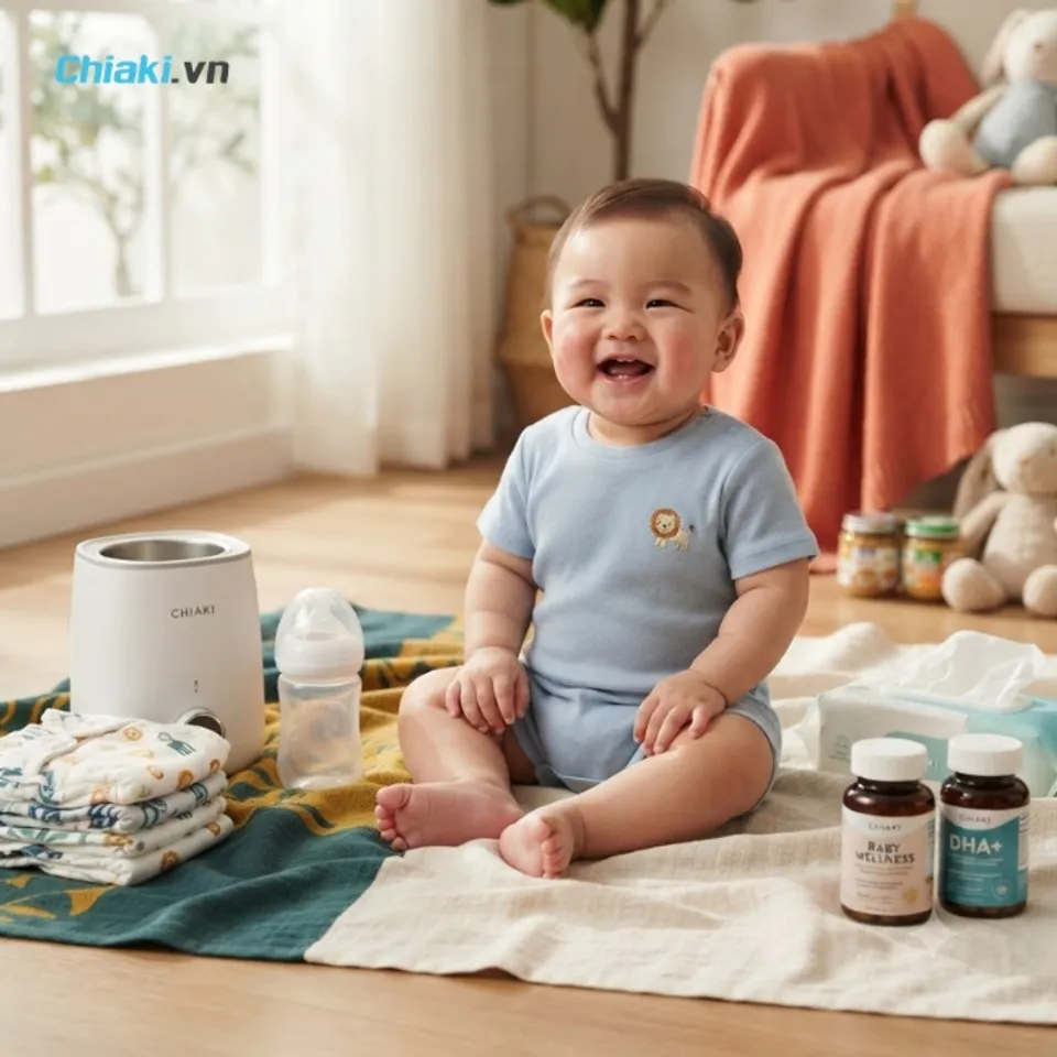 Đ&oacute;n b&eacute; trai họ Lương c&ugrave;ng sản phẩm mẹ b&eacute; ch&iacute;nh h&atilde;ng tại Chiaki.vn