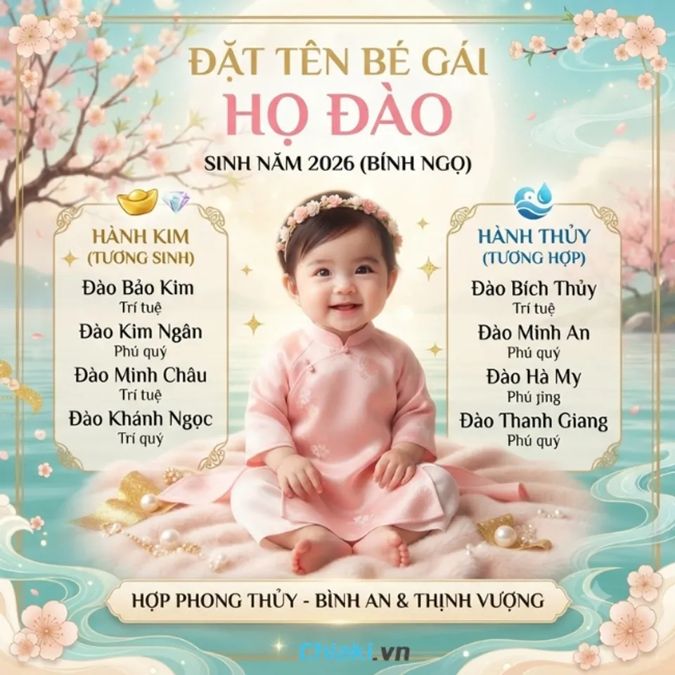 Đặt t&ecirc;n b&eacute; g&aacute;i họ Đ&agrave;o sinh năm 2026 hợp phong thủy