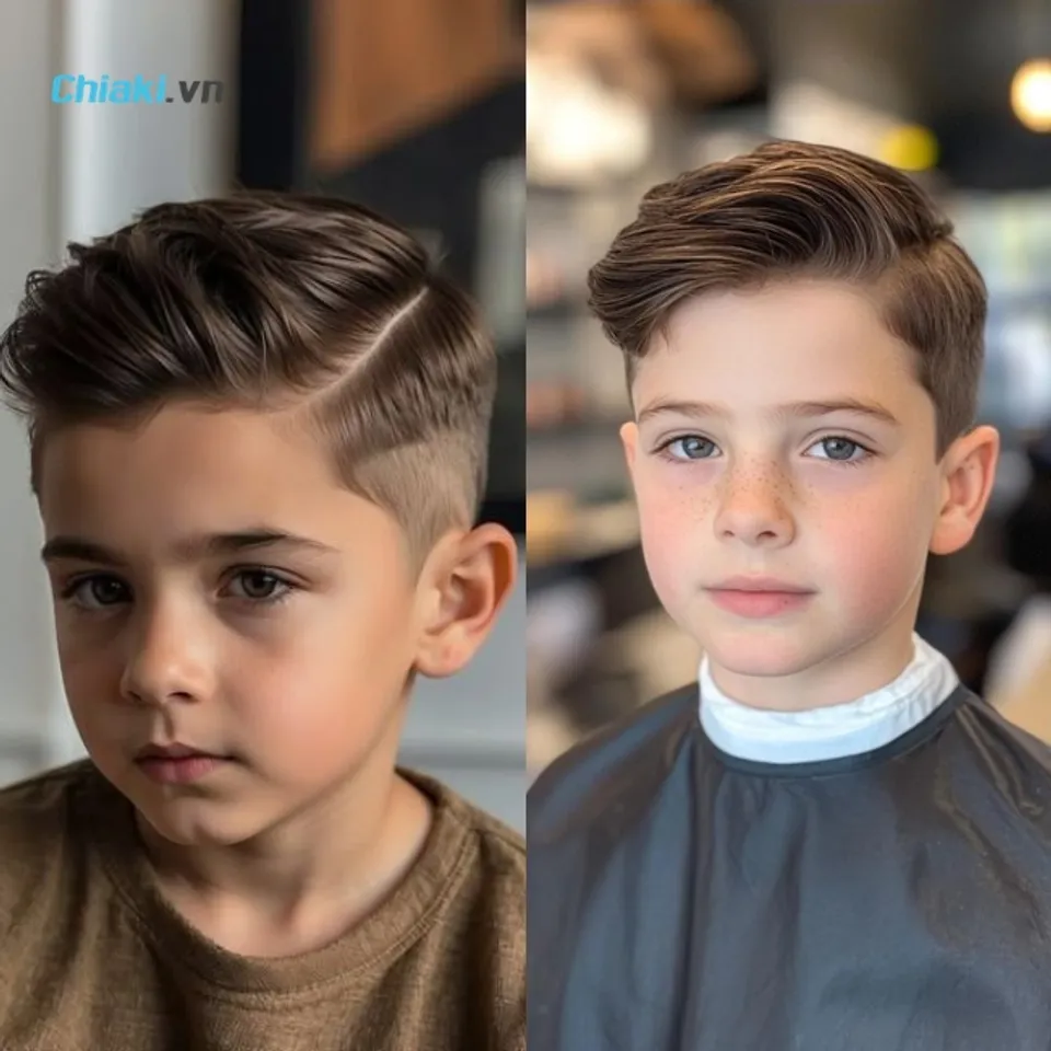 B&eacute; trai &iacute;t t&oacute;c để kiểu side part ngắn, đường ng&ocirc;i lệch r&otilde;