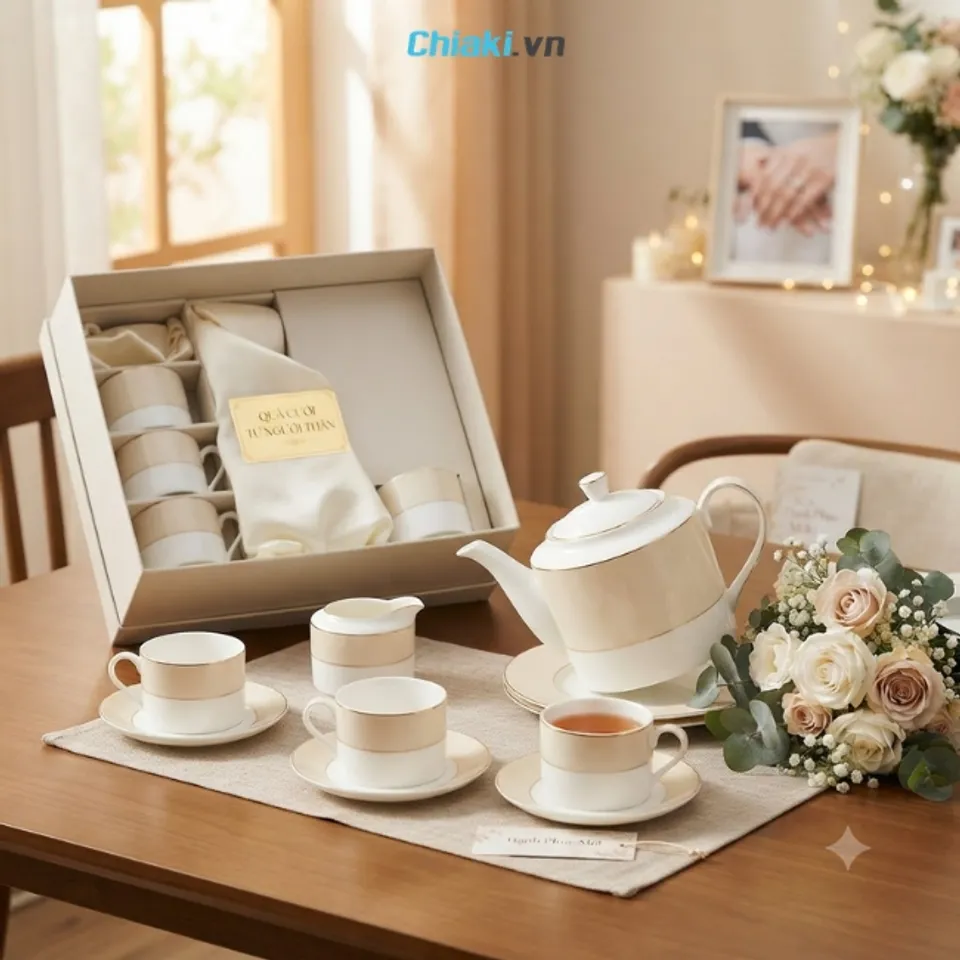 Một bộ ch&eacute;n đĩa hoặc ấm tr&agrave; đẹp mang biểu tượng tổ ấm