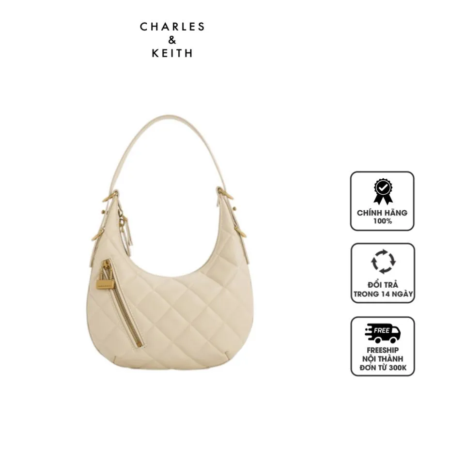 Túi Charles & Keith Swing Padlock Quilted Crescent Bag CK2-40271240 Beige