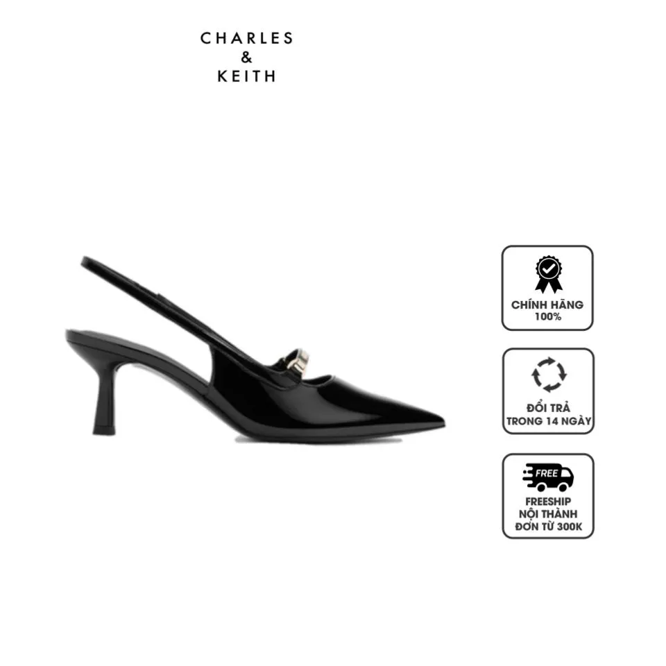 Giày cao gót Charles & Keith Patent Metallic Accent Slingback Pumps CK1-60920349 Black, 35