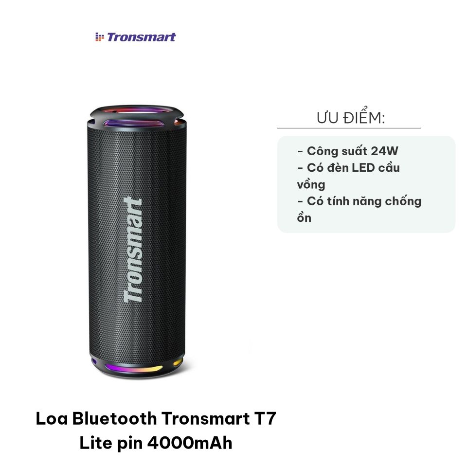 Loa Bluetooth Tronsmart T7 Lite 4000mAh - Âm thanh sống động 24W, kết nối TWS, chống nước IPX7, thời gian phát nhạc 24 giờ