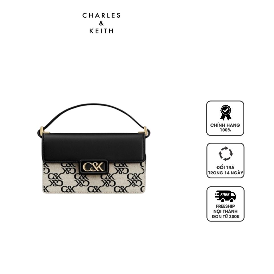Túi Charles & Keith Leather & Canvas Monogram Boxy Bag SL2-20271321-1 Black