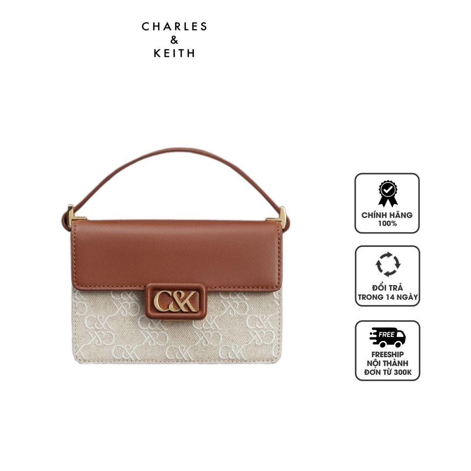Túi Charles & Keith Leather & Canvas Two-Tone Boxy SL2-20271321-1 Cognac