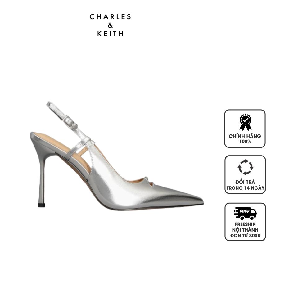 Giày cao gót Charles & Keith Metallic Leather Pointed-Toe Slingback Pumps SL1-61790021 Silver, 35