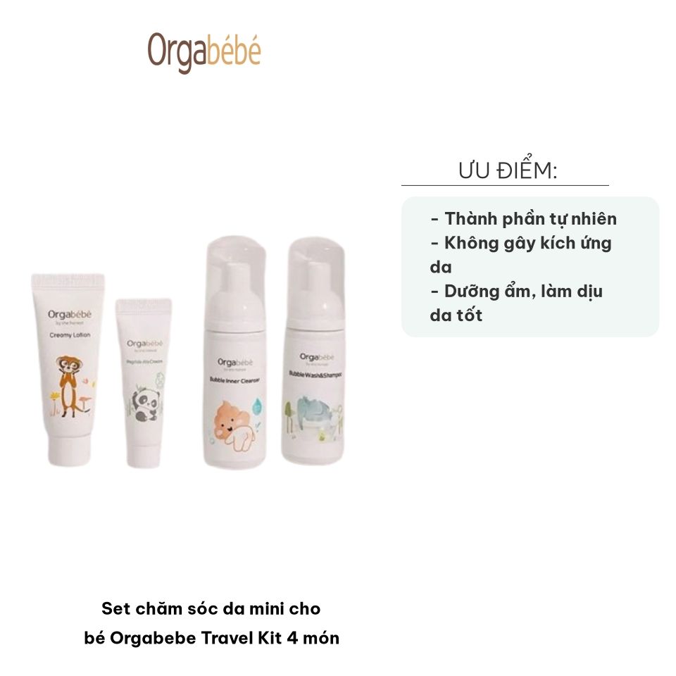 Set Chăm Sóc Da Mini Orgabebe Travel Kit 4 Món - Bọt Vệ Sinh, Sữa Tắm Gội, Kem Dưỡng Ẩm Cho Bé An Toàn Từ Sơ Sinh