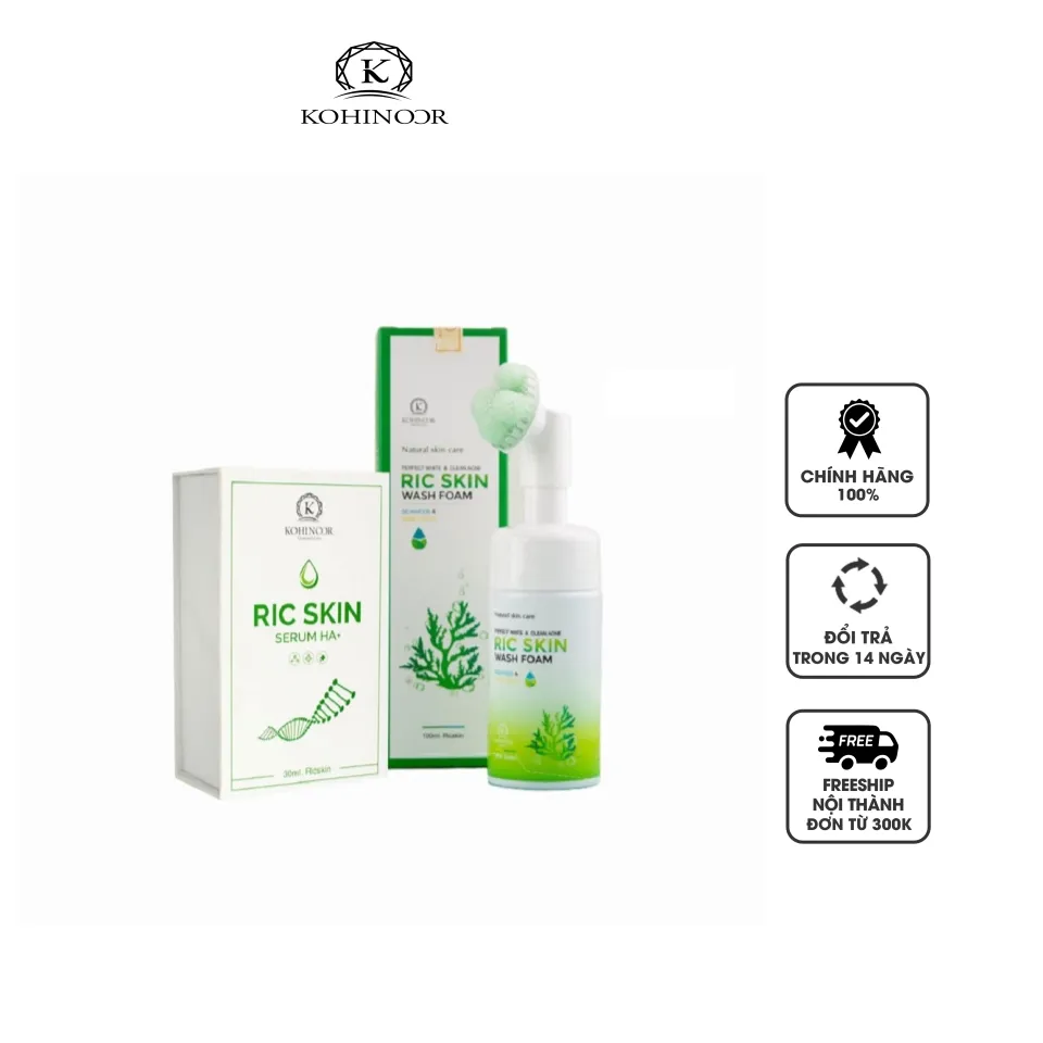 Combo đẹp da, ngừa mụn Ric Skin Serum Ha+ sữa rửa mặt Ric Skin