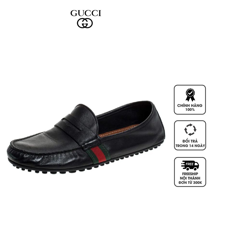 Giày lười nam Gucci Black Leather Web Penny Loafers, 39