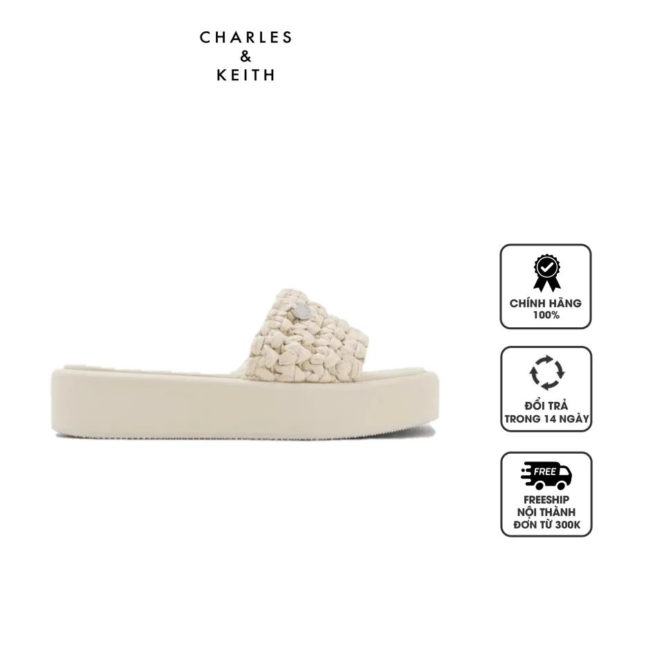 Dép Charles & Keith Raffia Woven Flatform Sandals CK1-80380076 Chalk, 35