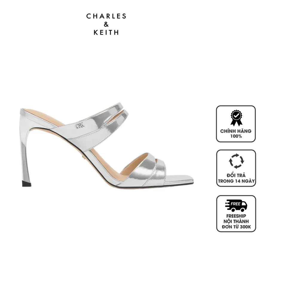 Giày Charles & Keith Metallic Leather Double-Strap Heeled Mules SL1-61900036 Silver, 34