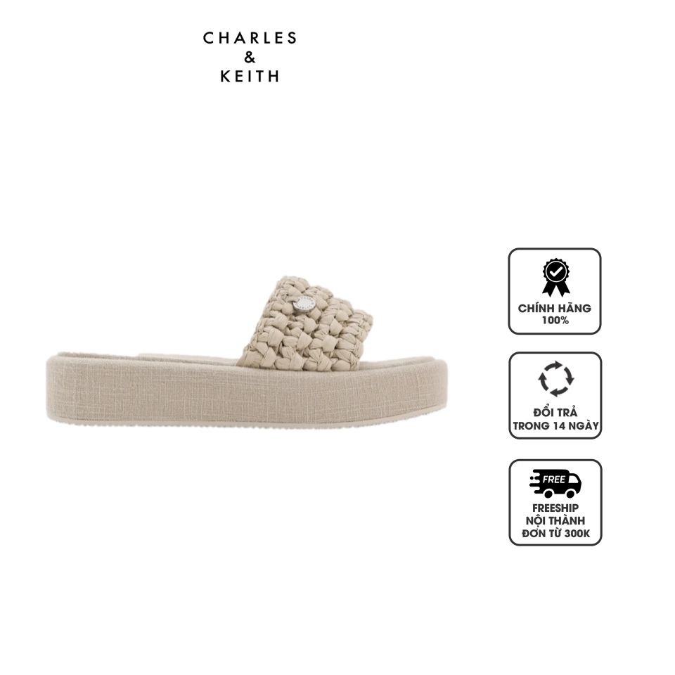 Dép Charles & Keith Raffia Woven Flatform Sandals CK1-80380076 Beige, 35