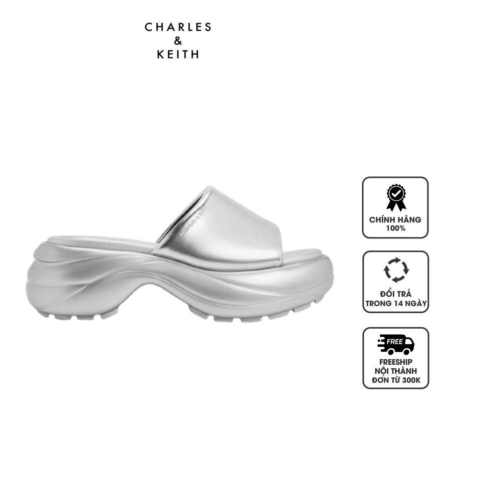 Dép Charles & Keith Metallic Wide-Strap Curved Platform Sports CK1-70920151 Silver, 37