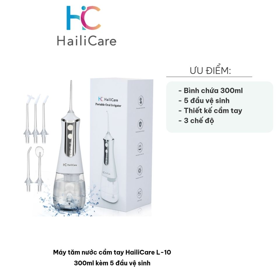 Máy tăm nước cầm tay HailiCare L-10 300ml - Đi kèm 5 đầu vệ sinh đa năng, chăm sóc răng miệng hiệu quả, dễ mang theo khi du lịch
