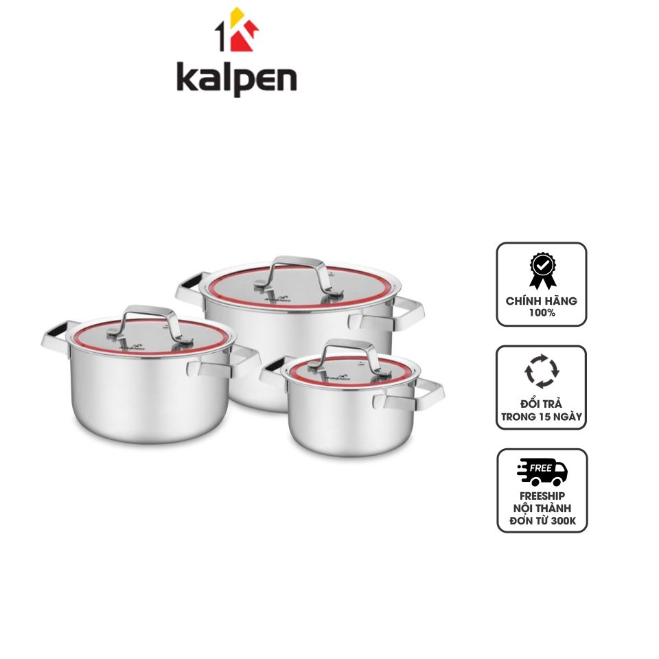 Bộ 3 Nồi Inox 3 Lớp Kalpen Emer EM1 - Dụng Cụ Nấu Ăn Đa Năng Cho Gia Đình, Kích Thước 16cm, 20cm, 24cm