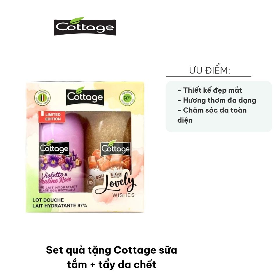 Set quà tặng Cottage chăm sóc cơ thể - Sữa tắm 250ml & Tẩy da chết 270ml, Hương thơm dễ chịu, Quà tặng hoàn hảo cho mọi dịp