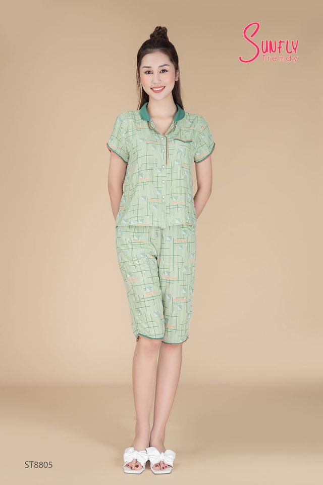 Bộ Pijamas Linen áo cộc quần lửng cổ cánh sen ST8805, Xanh, M
