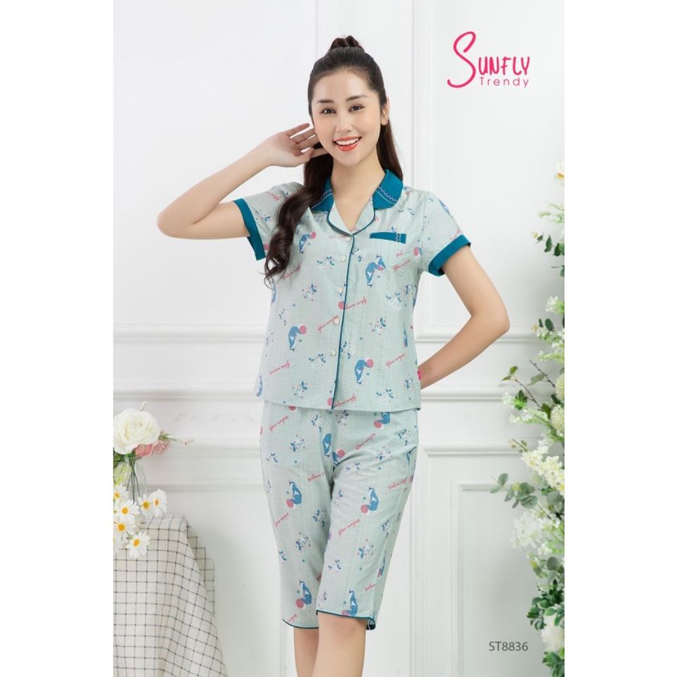 Bộ Pijamas Sunfly ST8836 vải Linen áo cộc quần ngố, S, Xanh mint