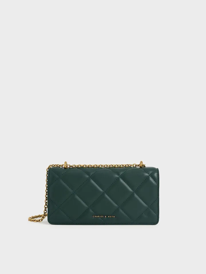 Túi Charles & Keith Paffuto Chain Handle Quilted Long Wallet CK6-10680924 Dark Green