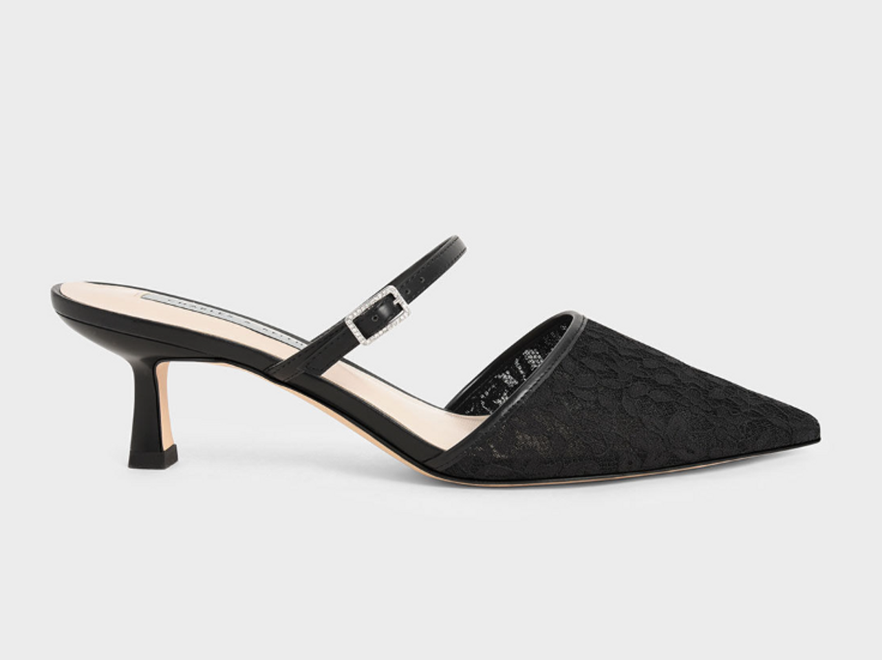 Giày cao gót Charles & Keith Lace & Mesh Embellished-Buckle Mules CK1-60920299-A Black, 37