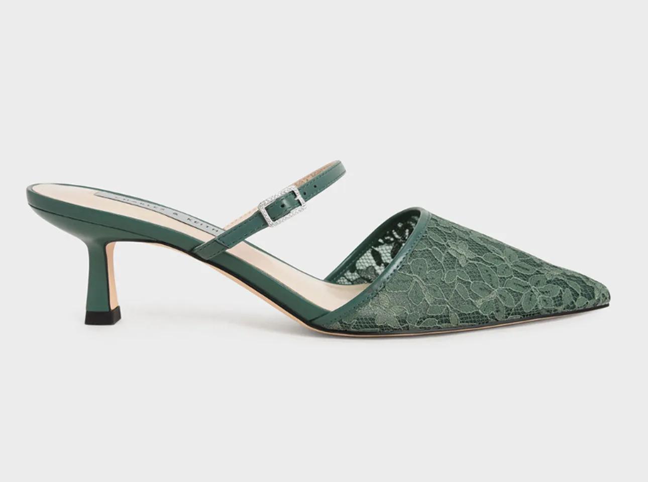 Giày cao gót Charles & Keith Lace & Mesh Embellished-Buckle Mules CK1-60920299-A Green, 35