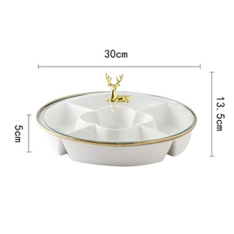 Khay Đựng Bánh Mứt Kẹo Tết Họa Tiết Đầu Hươu Vàng Sang Trọng - Thiết Kế Tiện Dụng, Chất Liệu Sứ Cao Cấp, Dùng Trang Trí Phòng Khách