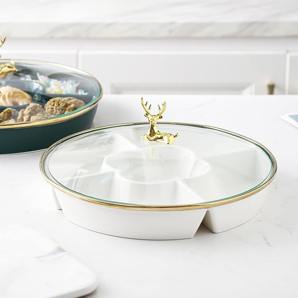 Khay Đựng Bánh Mứt Kẹo Tết Họa Tiết Đầu Hươu Vàng Sang Trọng - Thiết Kế Tiện Dụng, Chất Liệu Sứ Cao Cấp, Dùng Trang Trí Phòng Khách