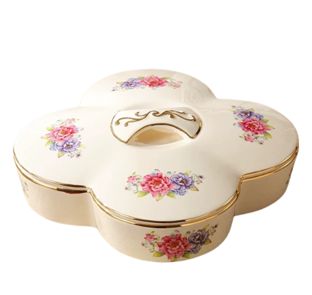 Khay Sứ Đựng Bánh Kẹo Hoạ Tiết Hoa Hồng Sang Trọng - Gốm Sứ Cao Cấp Trang Trí Bàn Phòng Khách Kèm Thức Ăn Ngọt Mứt Tết