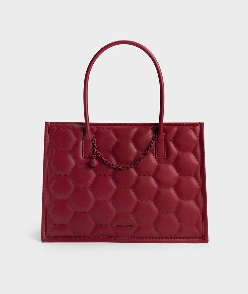 Túi Tote Charles & Keith Geometric Quilted Tote Bag - Red