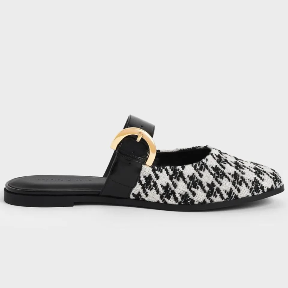 Giày sục Charles & Keith Houndstooth Buckled Flat Mules CK1-70580187 Multi, 35