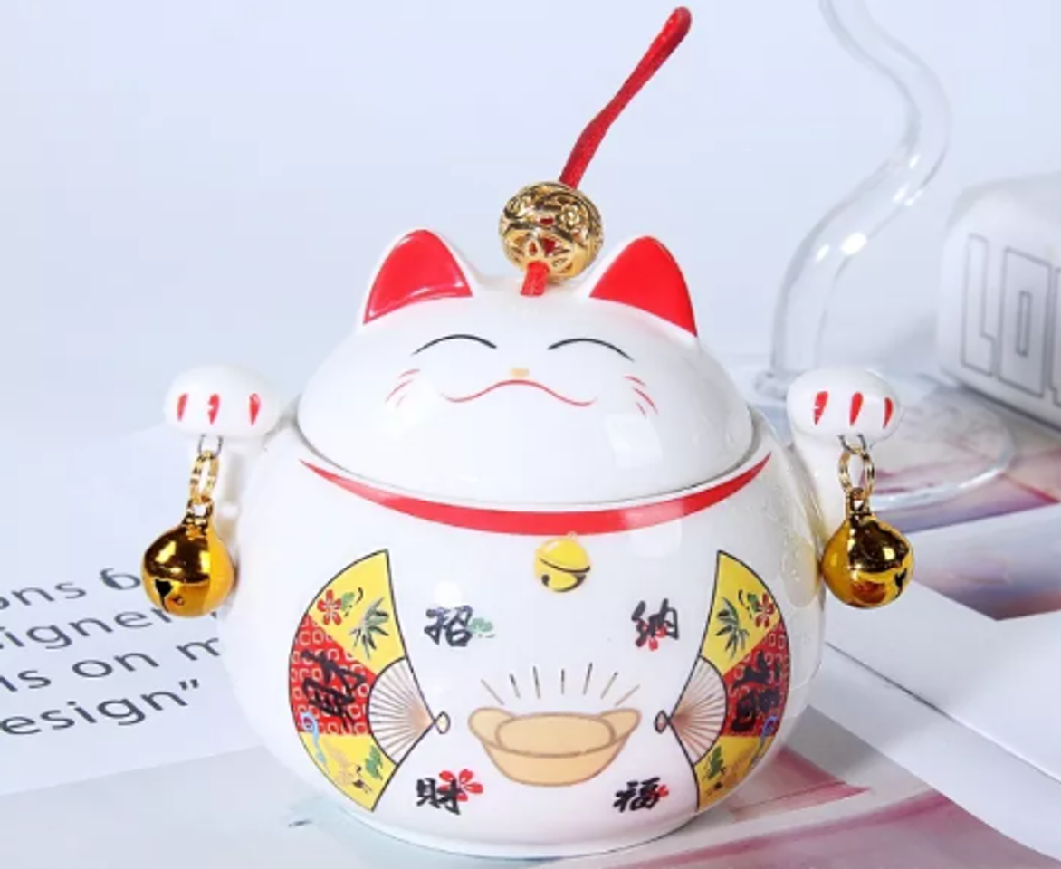 Hũ đựng trà hạt mứt bằng sứ hình mèo Thần Tài - Bình trà may mắn phong thủy trang trí bàn uống nước - Quà Tết độc đáo