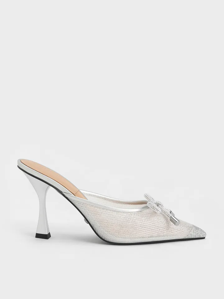 Giày cao gót Charles & Keith Bow-Tie Mesh Mules SL1-60280427 Silver, 35