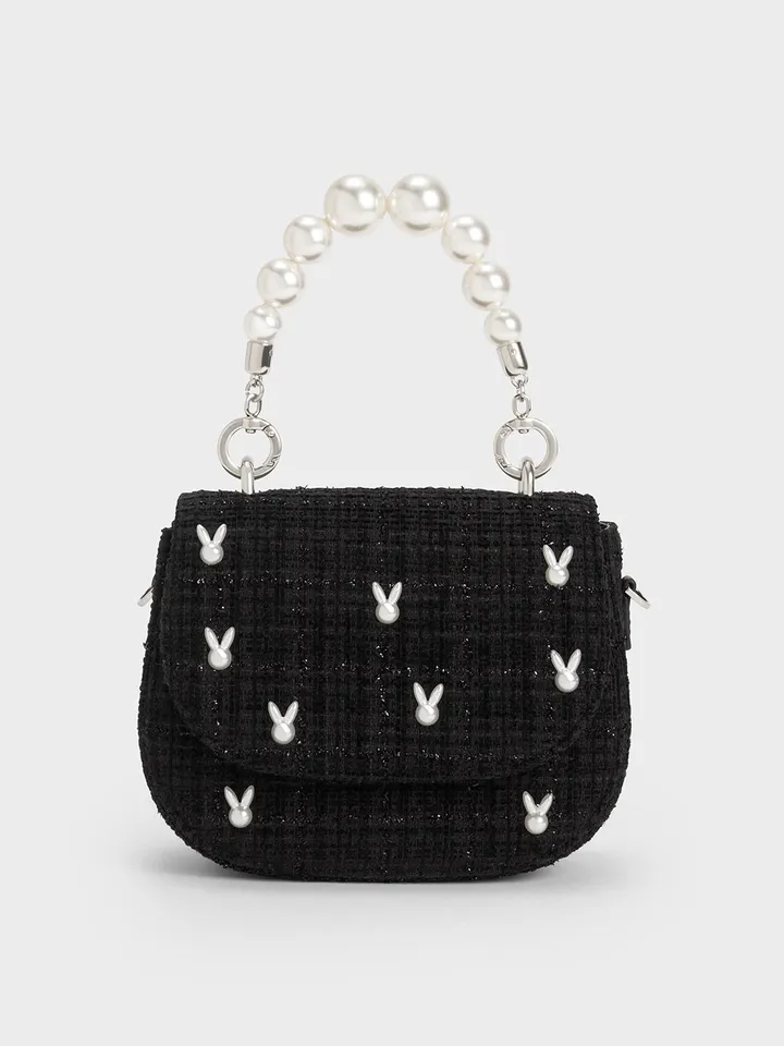 Túi Charles & Keith Bunny Tweed Beaded Handle Bag CK2-50160120 Black