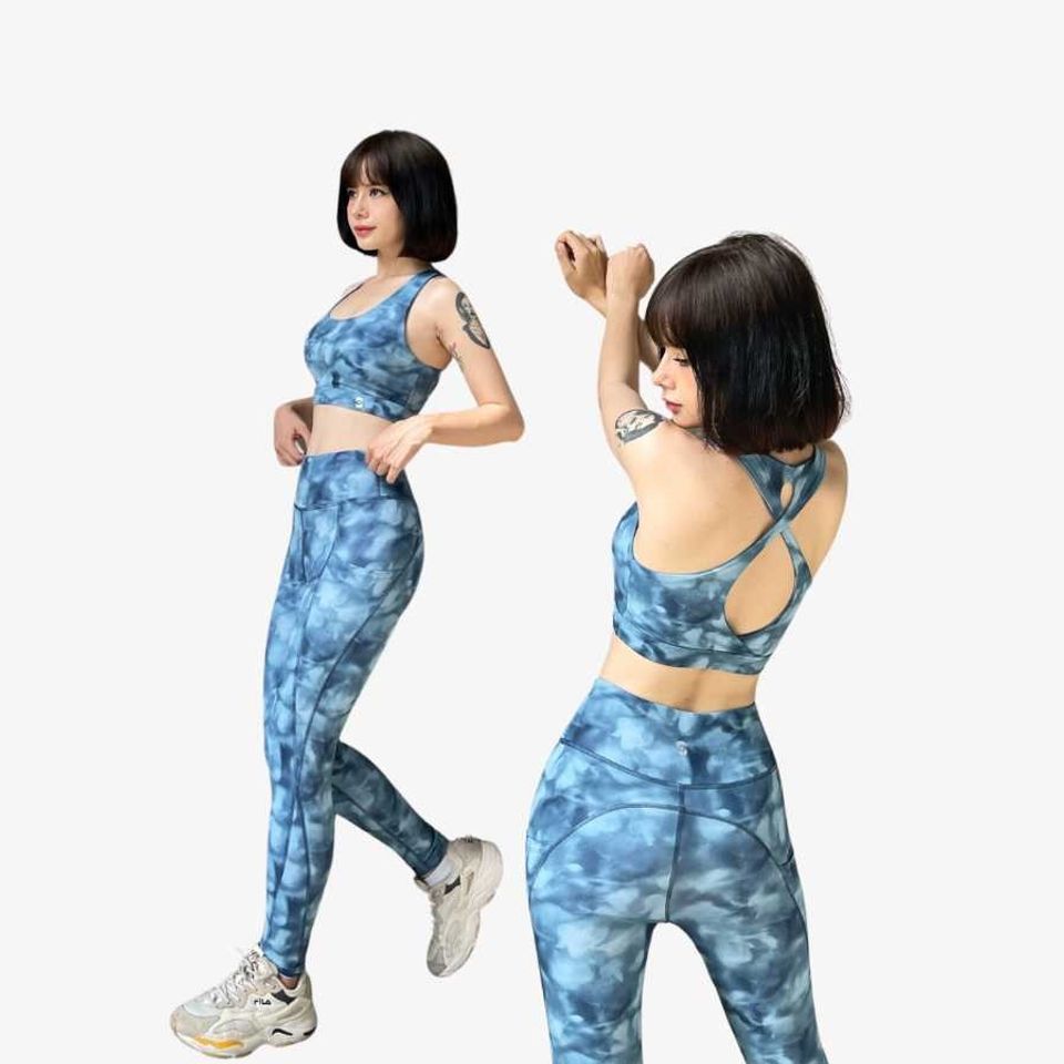 Bộ đồ tập gym nữ S40040 áo bra 2 lớp xoắn lưng, quần legging cạp cao, Xanh, S