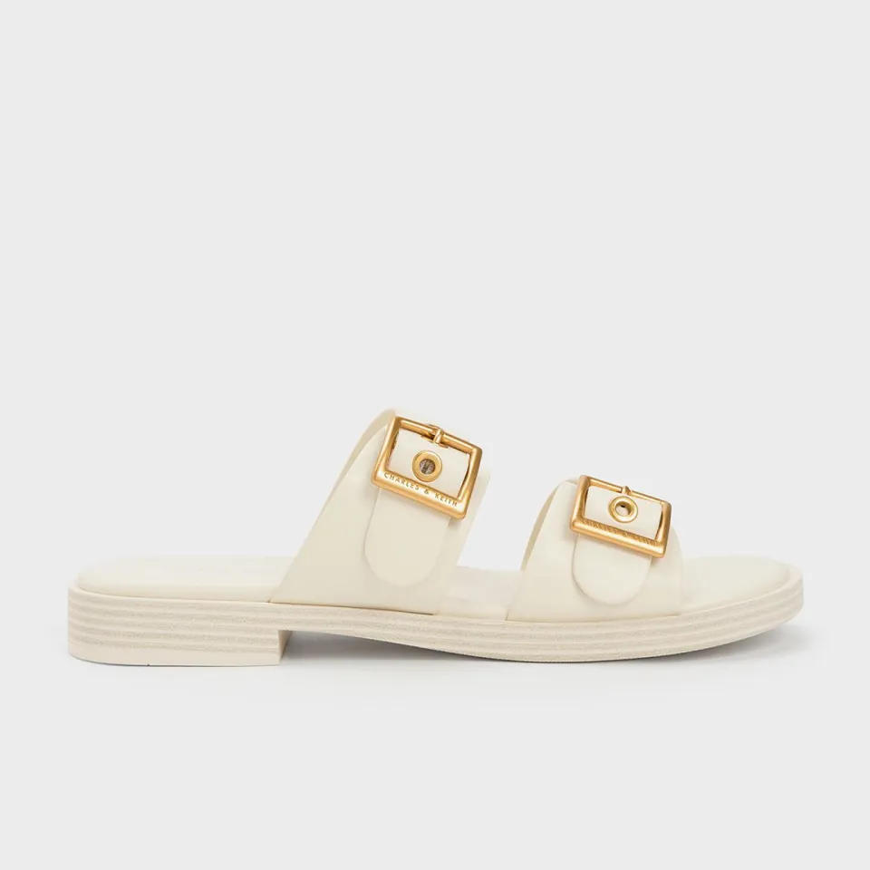 Dép sandals Charles & Keith Buckled Double Strap Slide CK1-70381012 White, 35