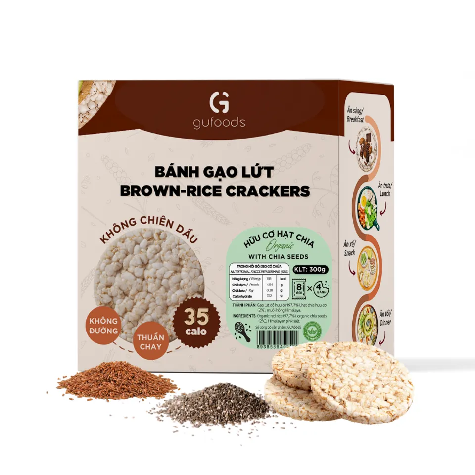 Bánh gạo lứt ăn kiêng hữu cơ hạt chia GUfoods, 300g
