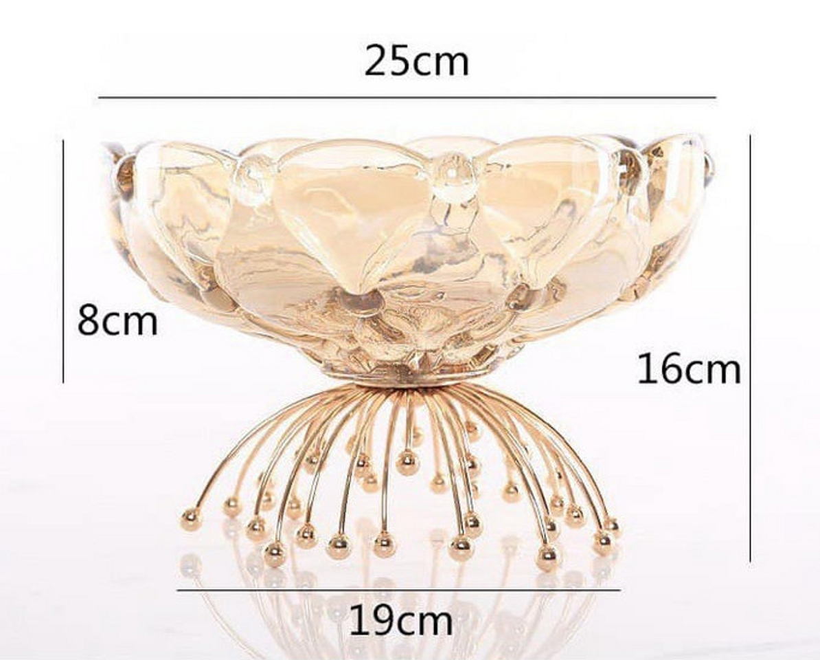 Khay Thủy Tinh Pha Lê Đựng Trái Cây Đế Kim Loại Mạ Vàng - Phong Cách Châu Âu Sang Trọng, Trang Trí Tiệc Cưới và Bàn Ăn