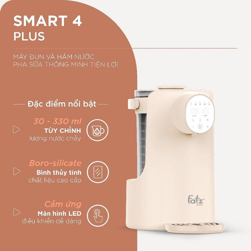 Máy Đun và Hâm Nước Pha Sữa Fatzbaby Smart 4 Plus 2000ml - Thiết Kế Hiện Đại, An Toàn Với Khóa Trẻ Em, Điều Khiển Cảm Ứng LED