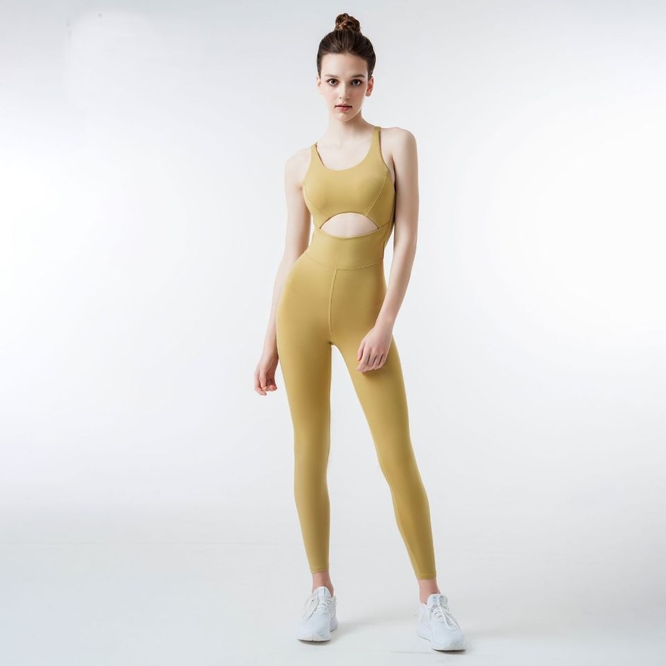 Bộ Jumpsuit tập gym yoga Hibi Sports J604 khoét bụng có mút ngực, Vàng, XS