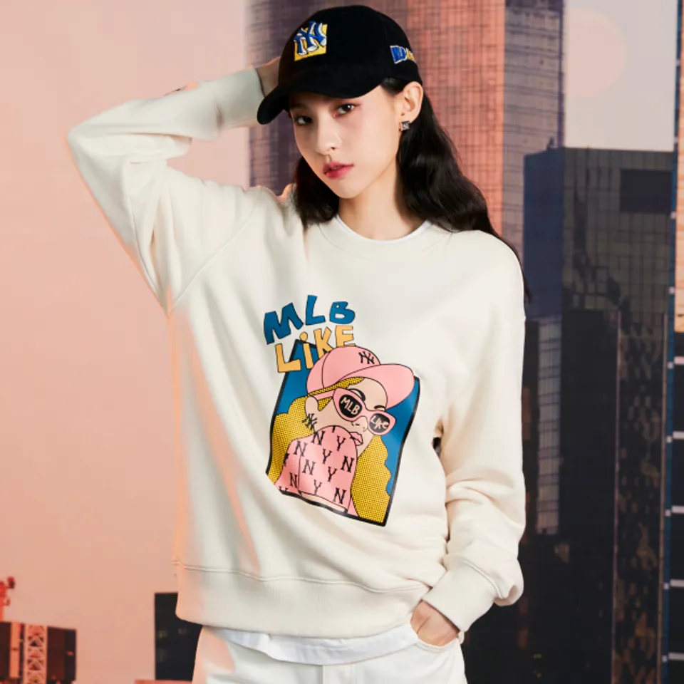 Áo sweater MLB Like Cartoon New York Yankees 3AMTL0224-50CRS màu trắng kem