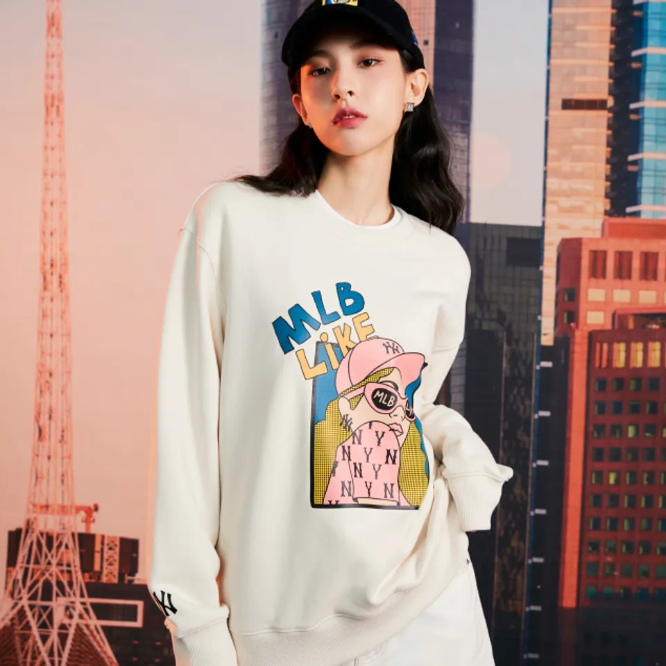 Áo sweater MLB Like Cartoon New York Yankees 3AMTL0224-50CRS màu trắng kem