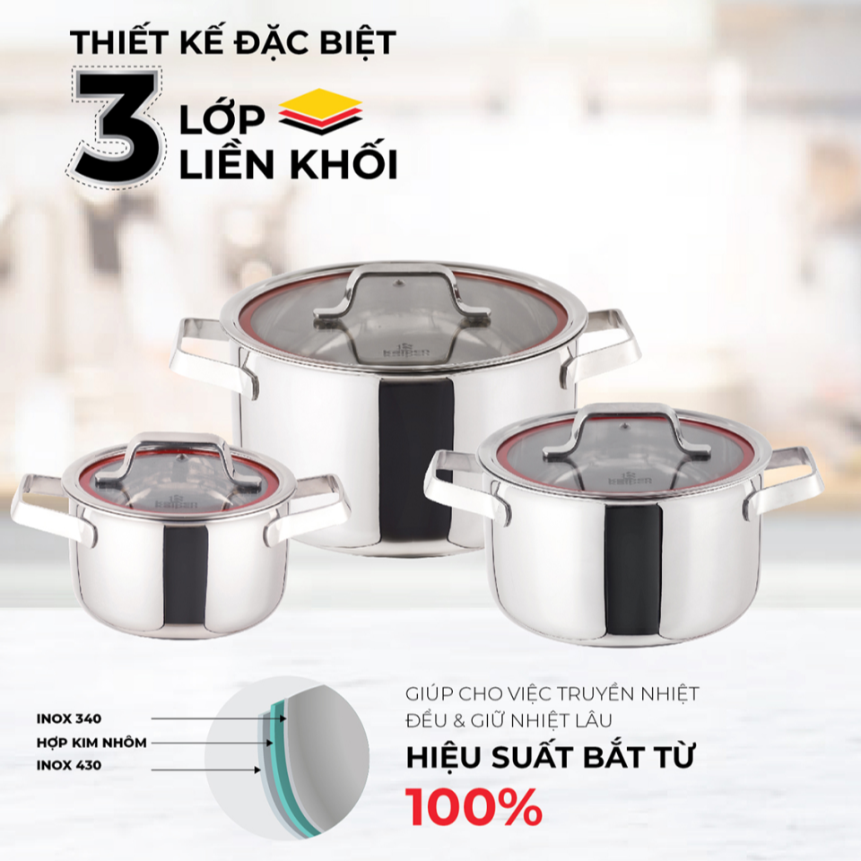 Bộ 3 Nồi Inox 3 Lớp Kalpen Emer EM1 - Dụng Cụ Nấu Ăn Đa Năng Cho Gia Đình, Kích Thước 16cm, 20cm, 24cm