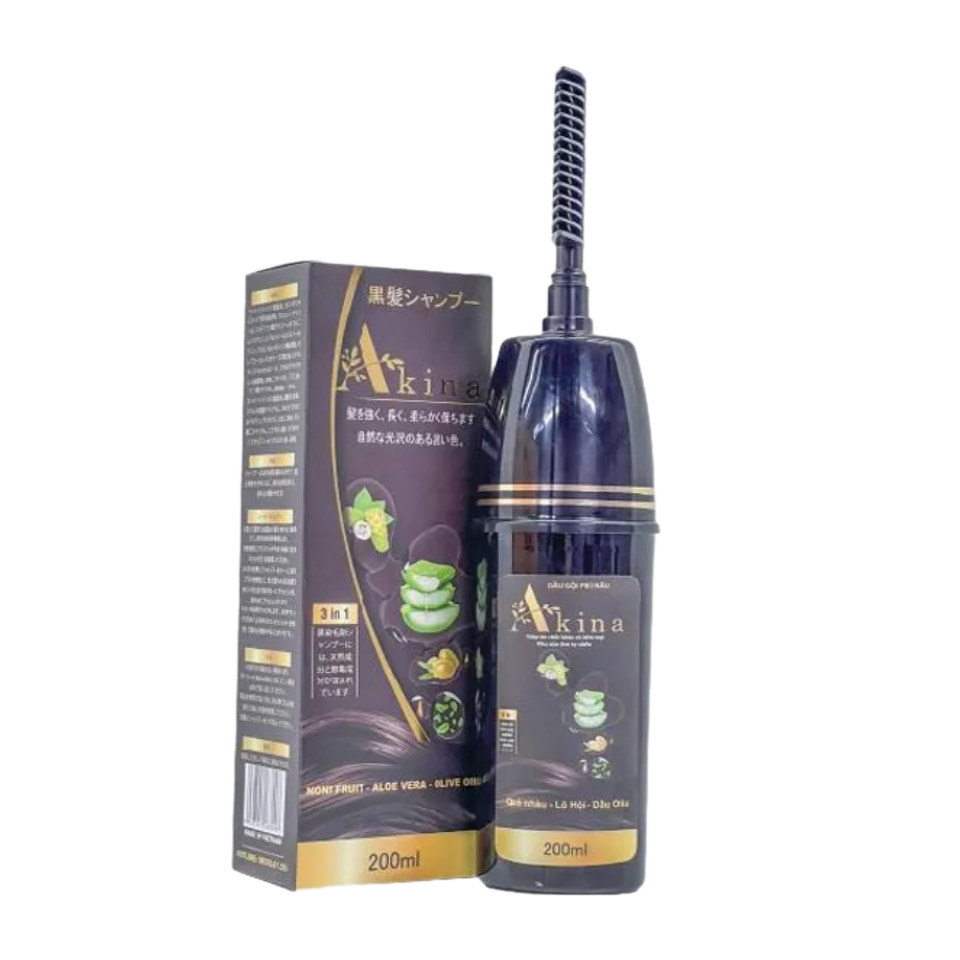 Dầu Gội Phủ Bạc Akina Nhật Bản 200ML - Nhuộm Đen Tóc Tự Nhiên, Kèm Lược Tiện Lợi, Hỗ Trợ Phục Hồi Tóc Hư Tổn