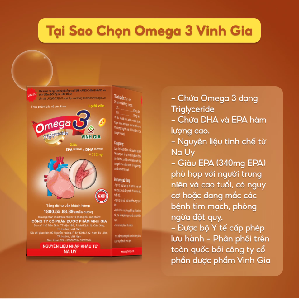 Viên Dầu Cá Omega 3 Vinh Gia 2 - Tinh Chế EPA & DHA Hỗ Trợ Tim Mạch, Thị Lực, Não Bộ - Lọ 60 Viên Dành Cho Người Trưởng Thành